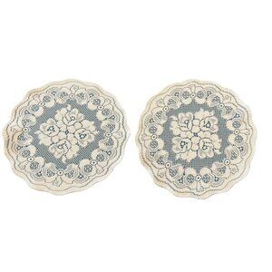 Vintage Lace Floral Doilies Set Of 2 Round 13" Beige & Blue Decorative Mats